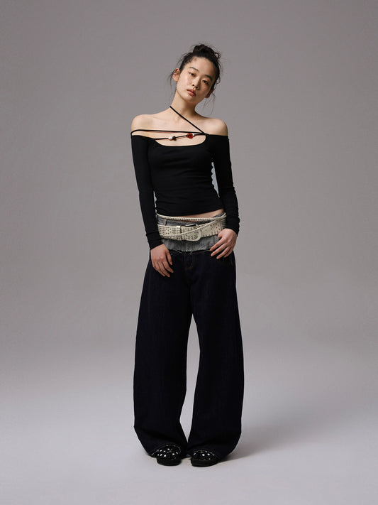 One-Shoulder Beaded Strap T-Shirt – Slim Fit Solid Long Sleeve Top