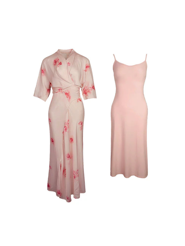 Elegant Chinese Wrap-Tie Dress + Skirt Set