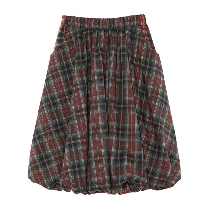 Red Green Plaid Patchwork Flower Bud Skirt