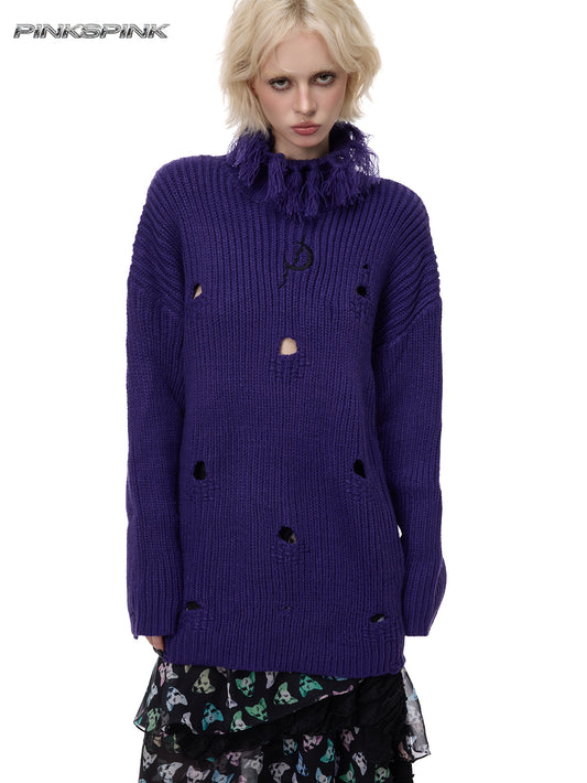Electric Moon High-Neck Distressed Oversized Y2K Knit – Genderless Style