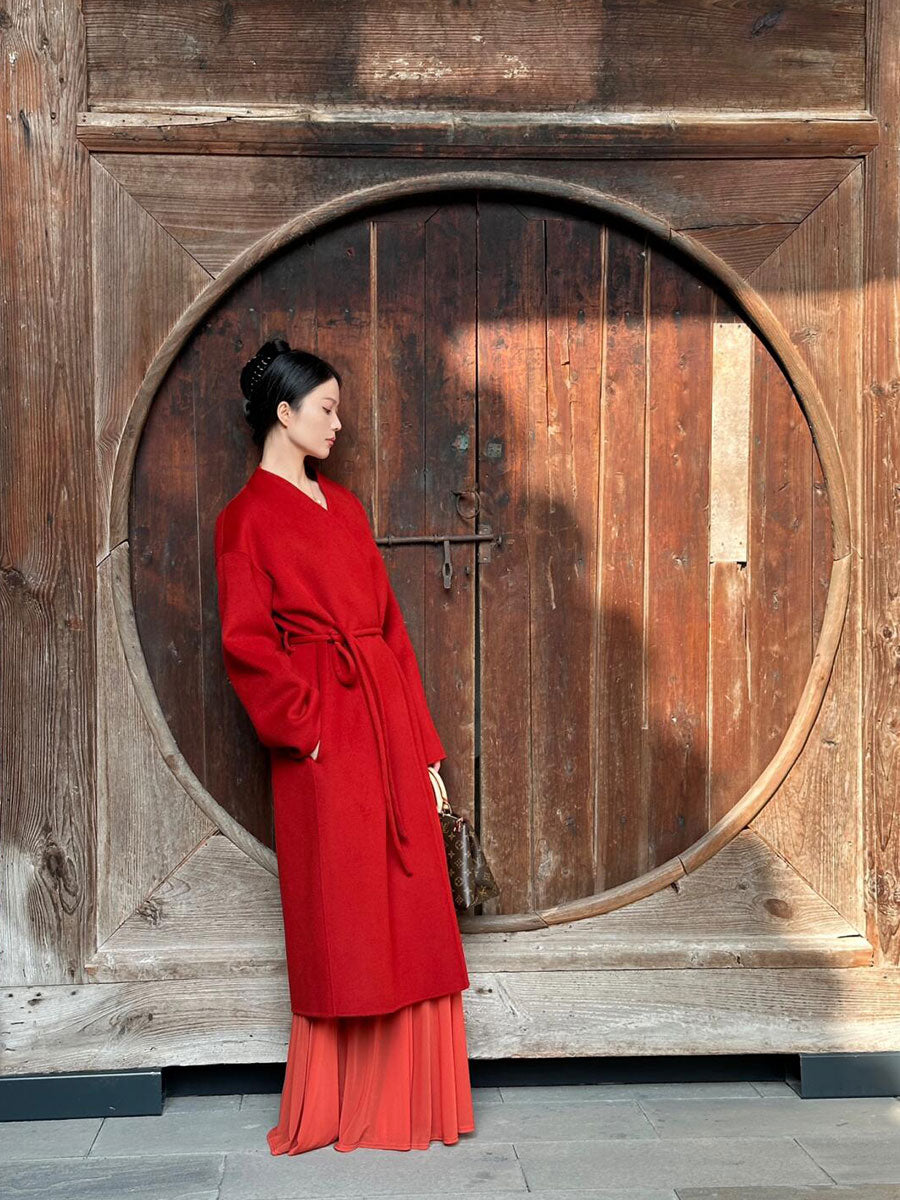 New Chinese Red Cashmere Coat – Elegant Shawl Cloak Tweed Jacket