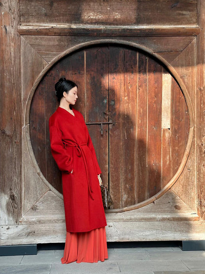 New Chinese Red Cashmere Coat – Elegant Shawl Cloak Tweed Jacket