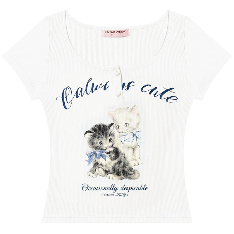 Camiseta ajustada con estampado de gato Diseño retro de media manga para el verano