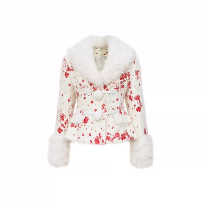 diseño original: saludos de Año Nuevo en rojo y blanco con cuello de piel con pedrería, cintura oculta con chaqueta de algodón, media falda