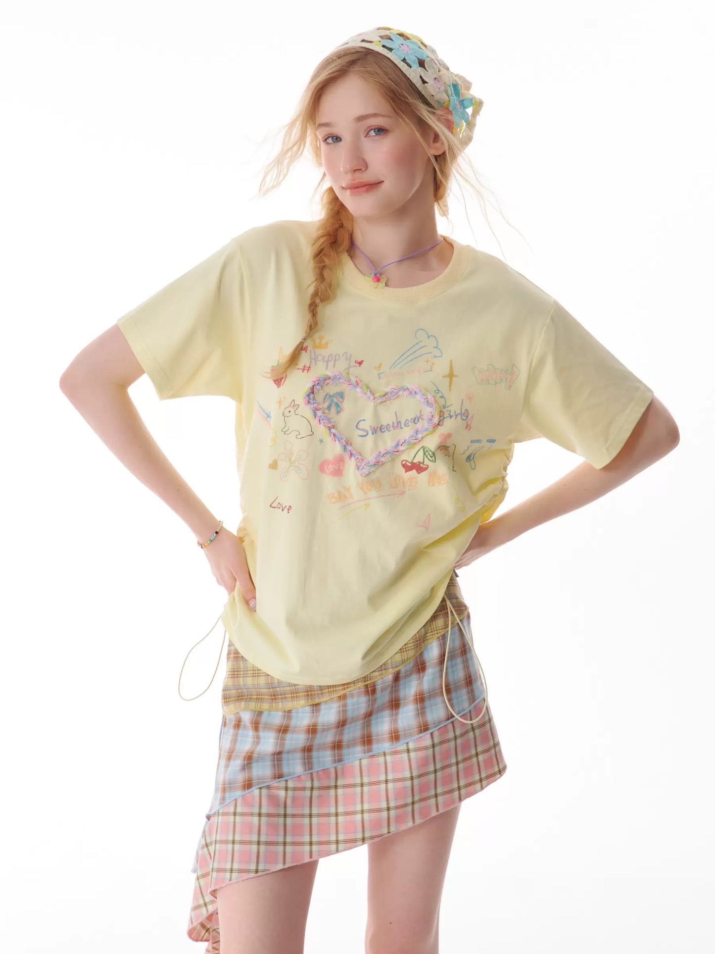 Drawstring Love Print T-shirt | Loose Summer Retro Slim Fit Design