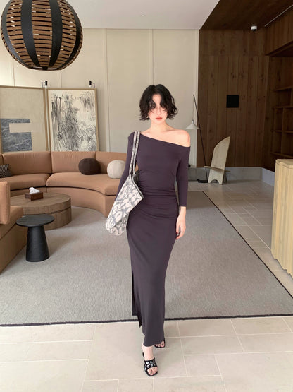 Pearl Girl Asymmetric Off-Shoulder Waist-Gathered Maxi Dress – Autumn Chic