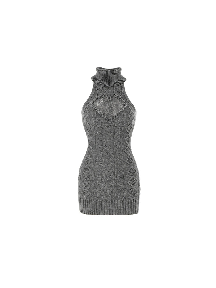 High-Neck Knit Vest Dress – Cinched Waist Lace Fall Sweater