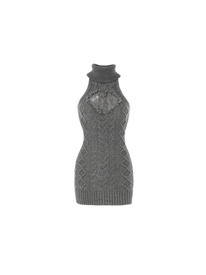 High-Neck Knit Vest Dress – Cinched Waist Lace Fall Sweater