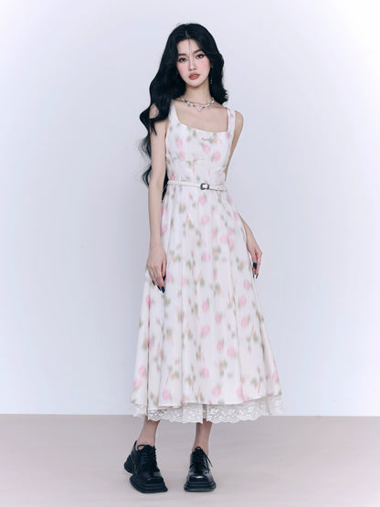 White Peach Rose Floral Lace Strap Dress