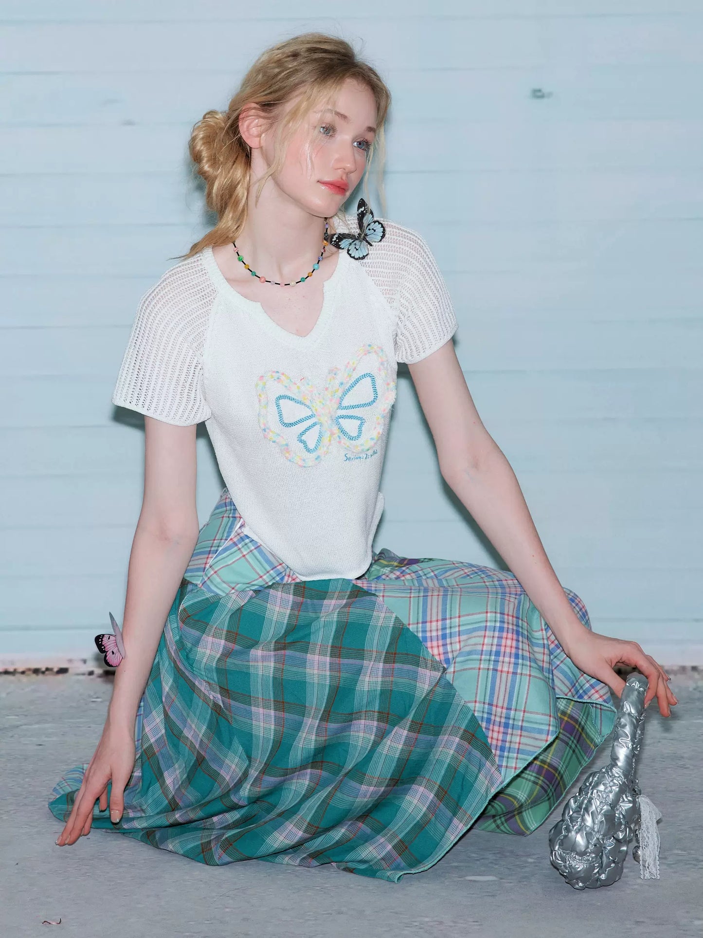 Camiseta de manga raglán con cuello en V y mariposa Diseño retro de punto hueco para el verano