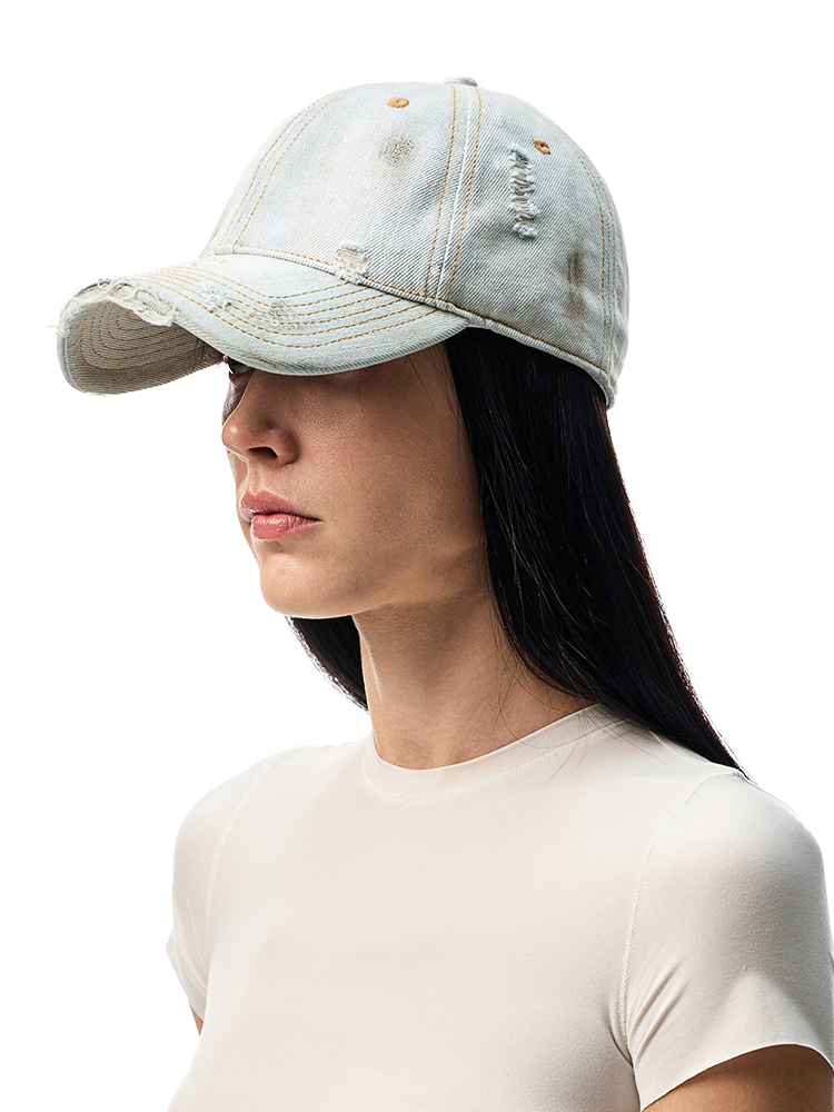 Distressed Washed Denim Baseball Cap – Vintage Casual Look