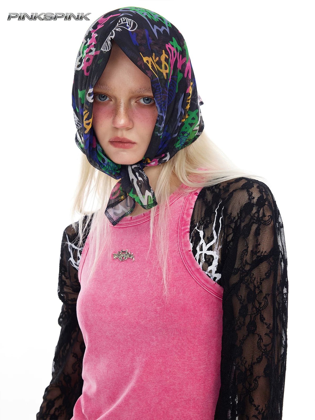 Graffiti pen, butterfly cat, digital mesh square scarf, rock punk, genderless Y2K headscarf