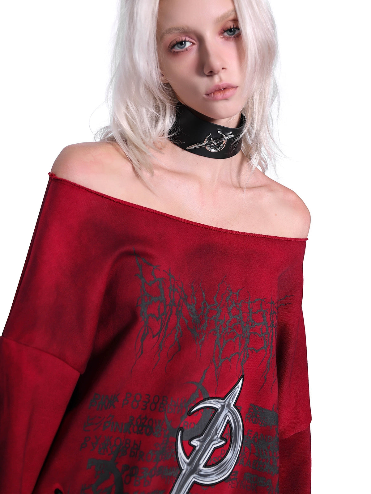 One-Shoulder 3D Embroidery Distressed Punk Y2K Sweatshirt