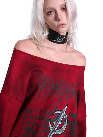 One-Shoulder 3D Embroidery Distressed Punk Y2K Sweatshirt