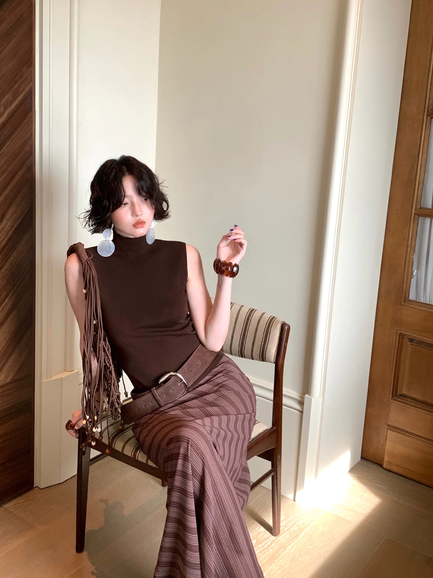 【Slanted Stripe】Hong Kong Style Retro 2025 Autumn New Style Slim Fit High Waist Long Skirt