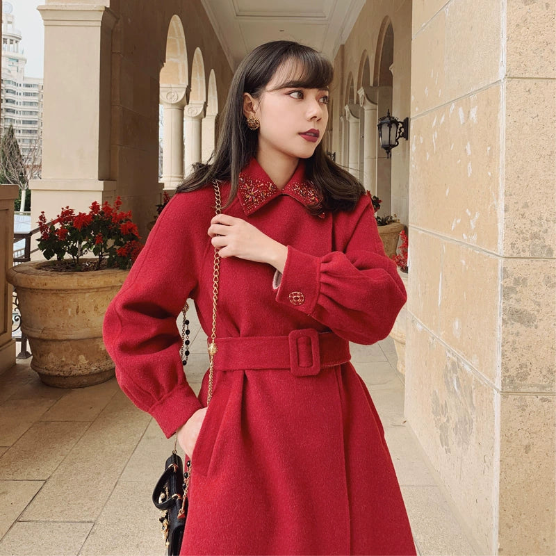 Red Hepburn Christmas Handmade Wool Coat