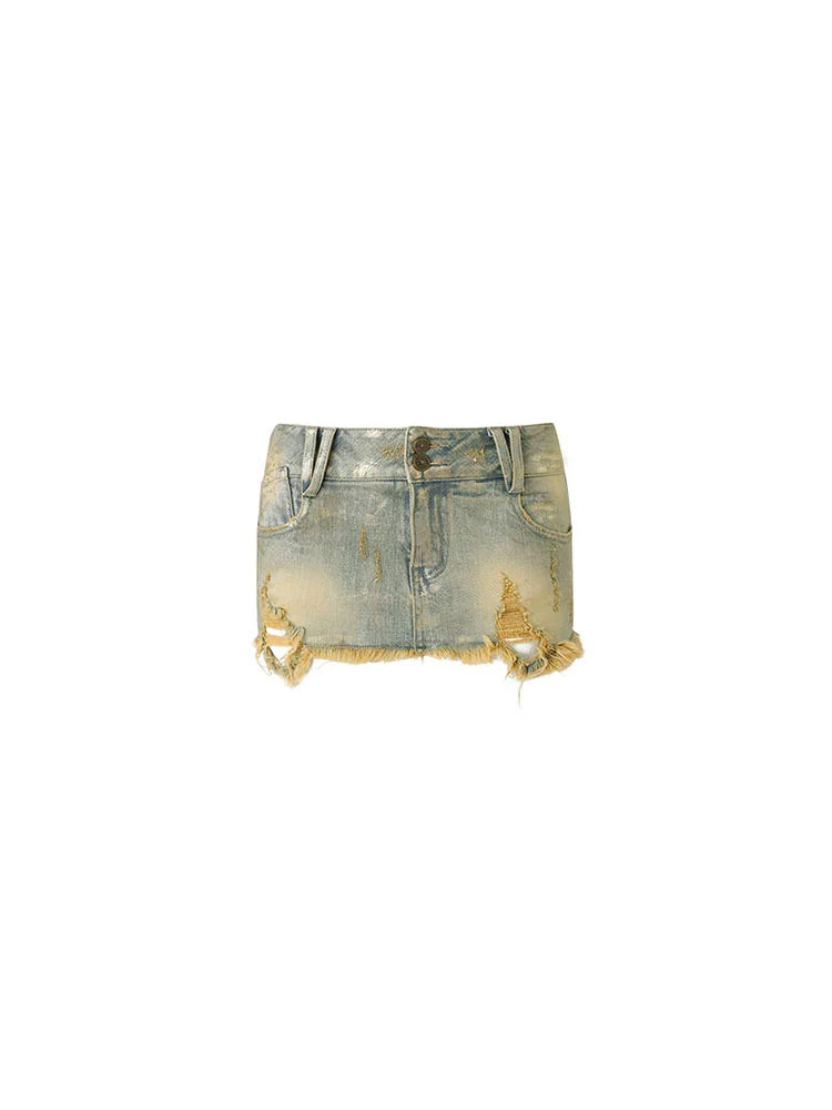 Low-Rise Distressed Denim Mini Skirt – Hot Girl Slim Hip Hugger