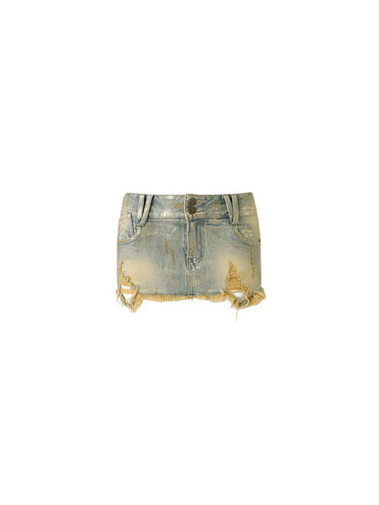 Low-Rise Distressed Denim Mini Skirt – Hot Girl Slim Hip Hugger