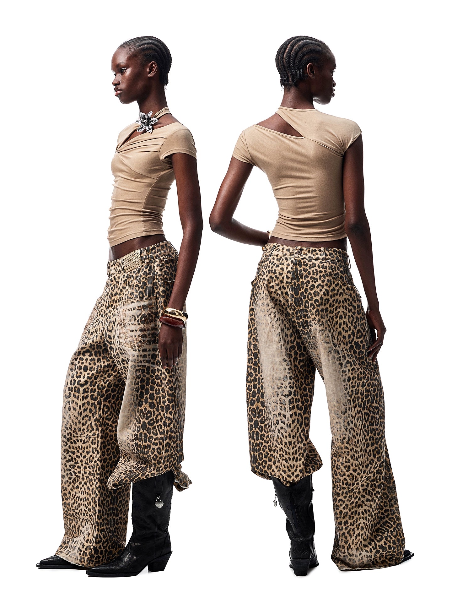 Vintage Leopard Print Wide-Leg Canvas Scimitar Pants – Low-Rise Mop Style