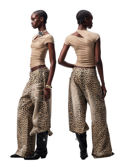 Vintage Leopard Print Wide-Leg Canvas Scimitar Pants – Low-Rise Mop Style