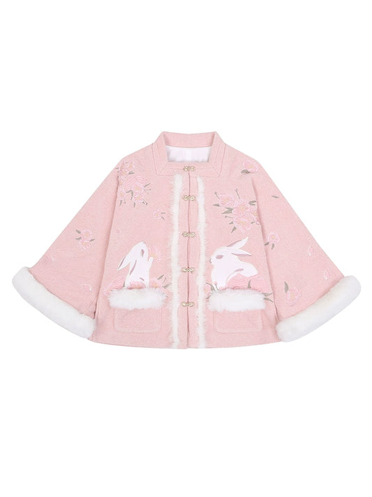 Peach Blossom Rabbit Woolen Children's Jacket + Skirt Set