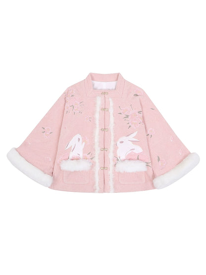 Peach Blossom Rabbit Woolen Children's Jacket + Skirt Set