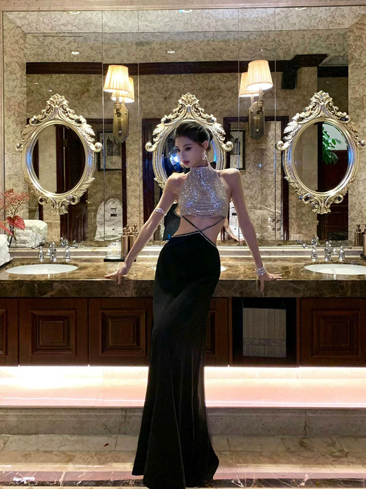 Diamond-Encrusted Fishtail Halterneck Dress – Luxe Temperament for Special Events