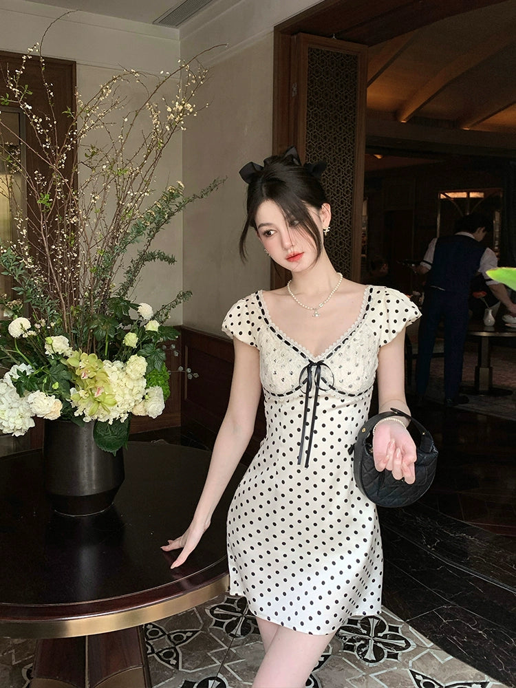 [Ruth Outfit] Satin Polka Dot Dress - High-End Pure Desire Style