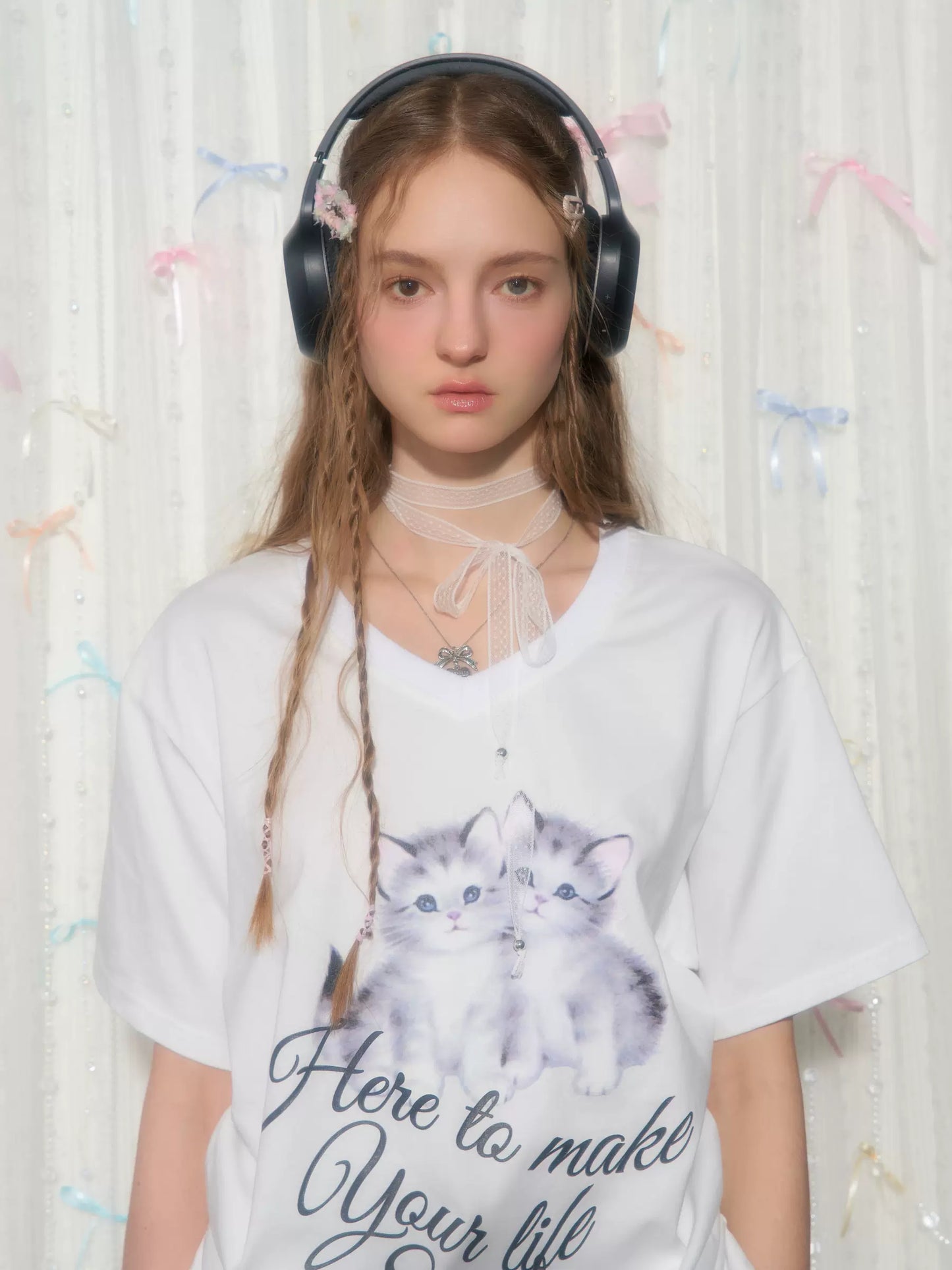 Cat Print V-neck Drawstring T-shirt | Loose Fit Summer Retro Design