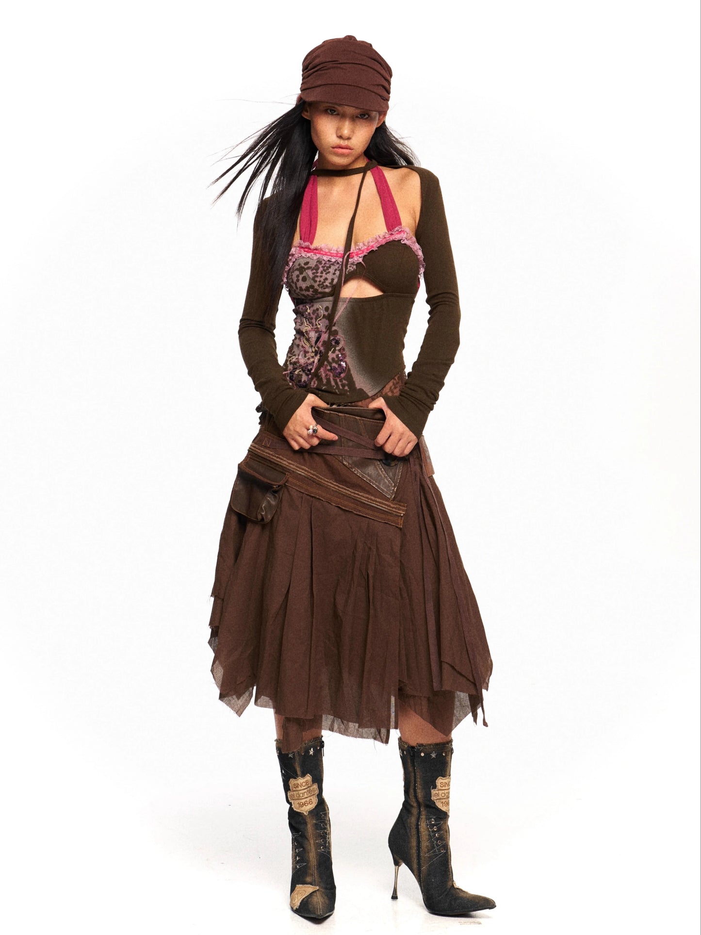 Patchwork Slim Vintage Dress – Layered Aesthetic