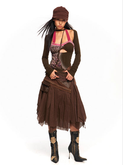 Patchwork Slim Vintage Dress – Layered Aesthetic