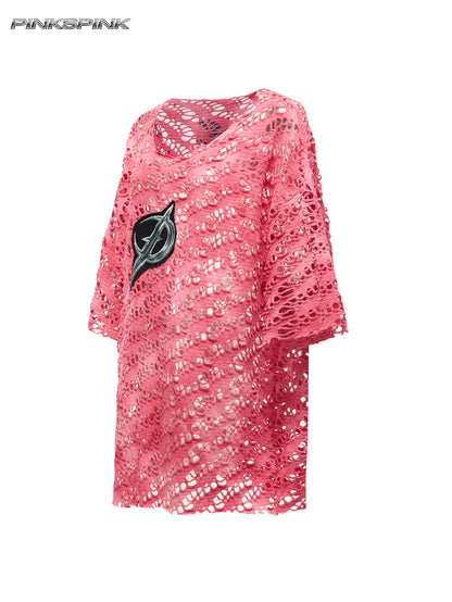 Electric Moon Gradient Patchwork Perforated Y2K Punk Tee