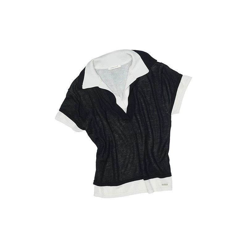 Two-in-One Knitted Polo T-Shirt – Slim Fit Contrast Short Sleeve Top