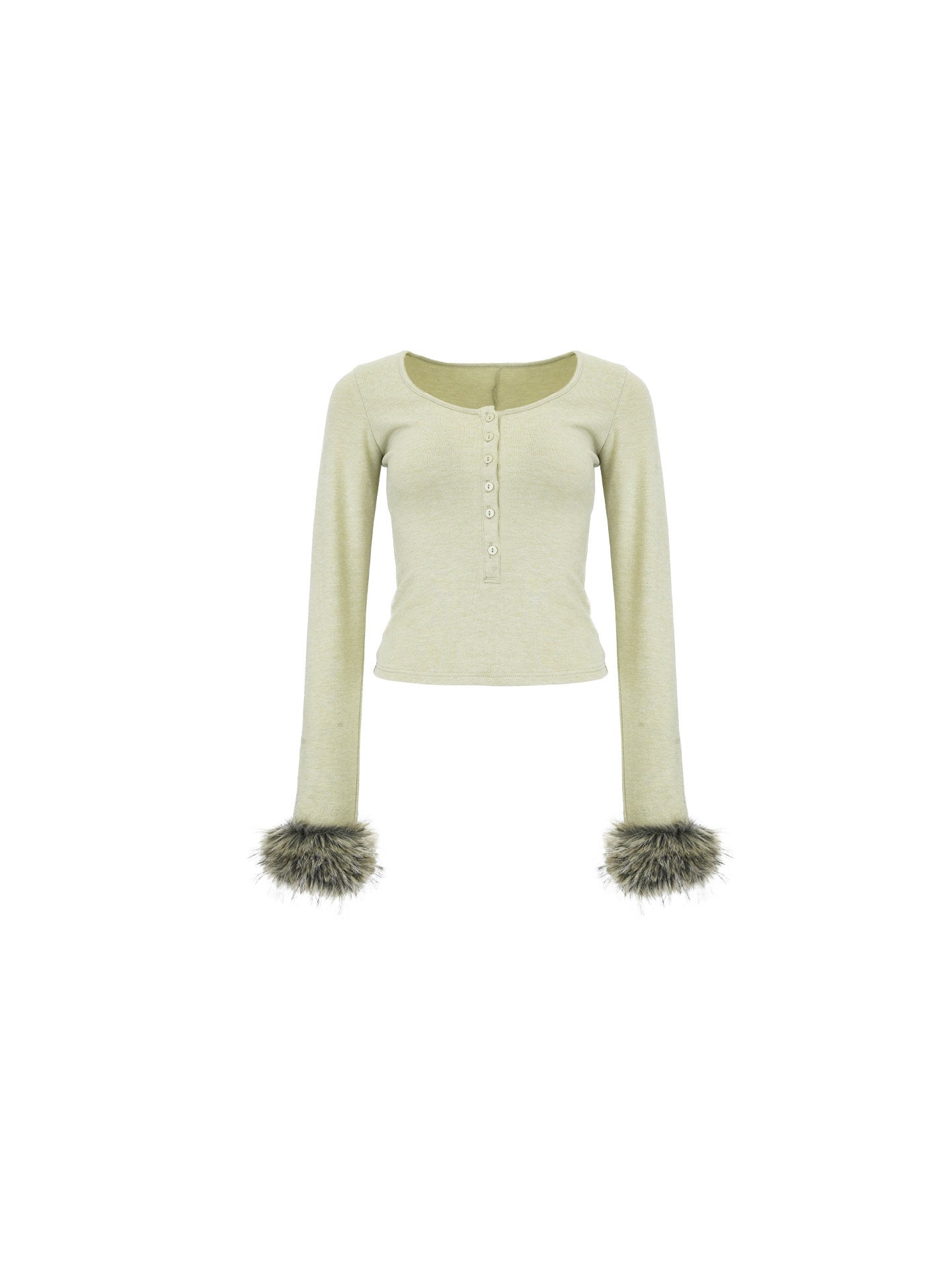 Fur-Cuff Scoop Neck Knit Top