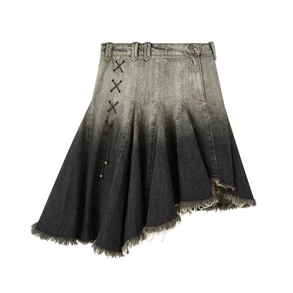 Gradual Lacing - Irregular Hem Denim Skirt