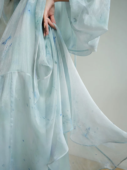 V-Neck Smudge Print Fairy Dress – Soft French Mood