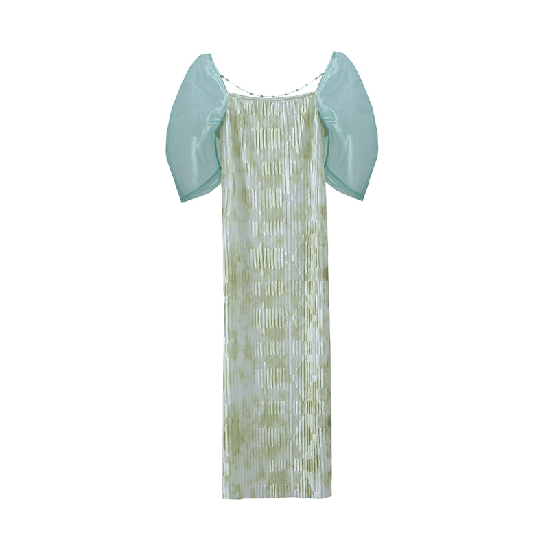Original Design Jasmine Matcha Bubble Sleeve Halo Dye Printed Texture Pleated Organza Dress
