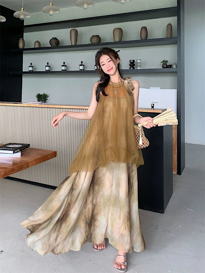 Fairy Mesh Tie-Dye Halterneck Dresses – National Style Cheongsam-Inspired Skirts