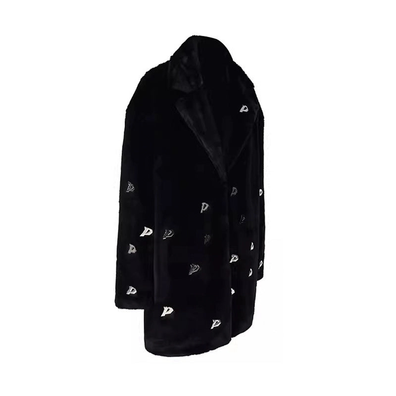 Metal Accent Letter P Jacket with Fur Shoulder Padding (Unisex)
