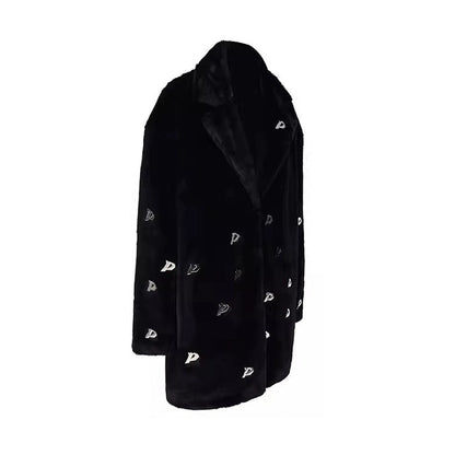 Metal Accent Letter P Jacket with Fur Shoulder Padding (Unisex)