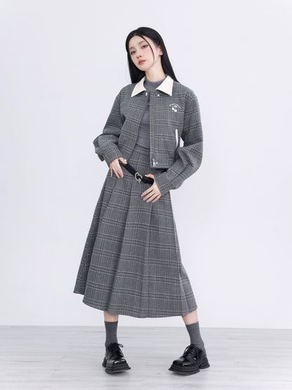 Retro College Style Gray Checkered Cotton Jacket