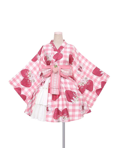 Strawberry Party Plaid Yukata & Cardigan Set