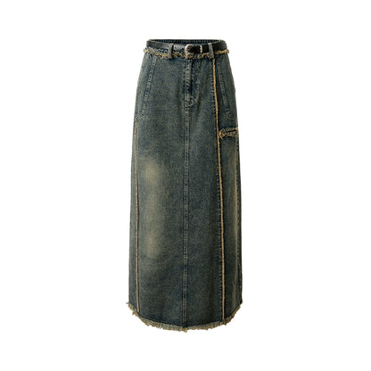 El diseño original se siente delgado a la pequeña falda larga de la falda larga de la mezclilla del borde de piel retro para mujeres