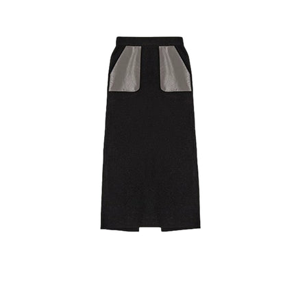 Contrast Panel Leather Pocket Skirt