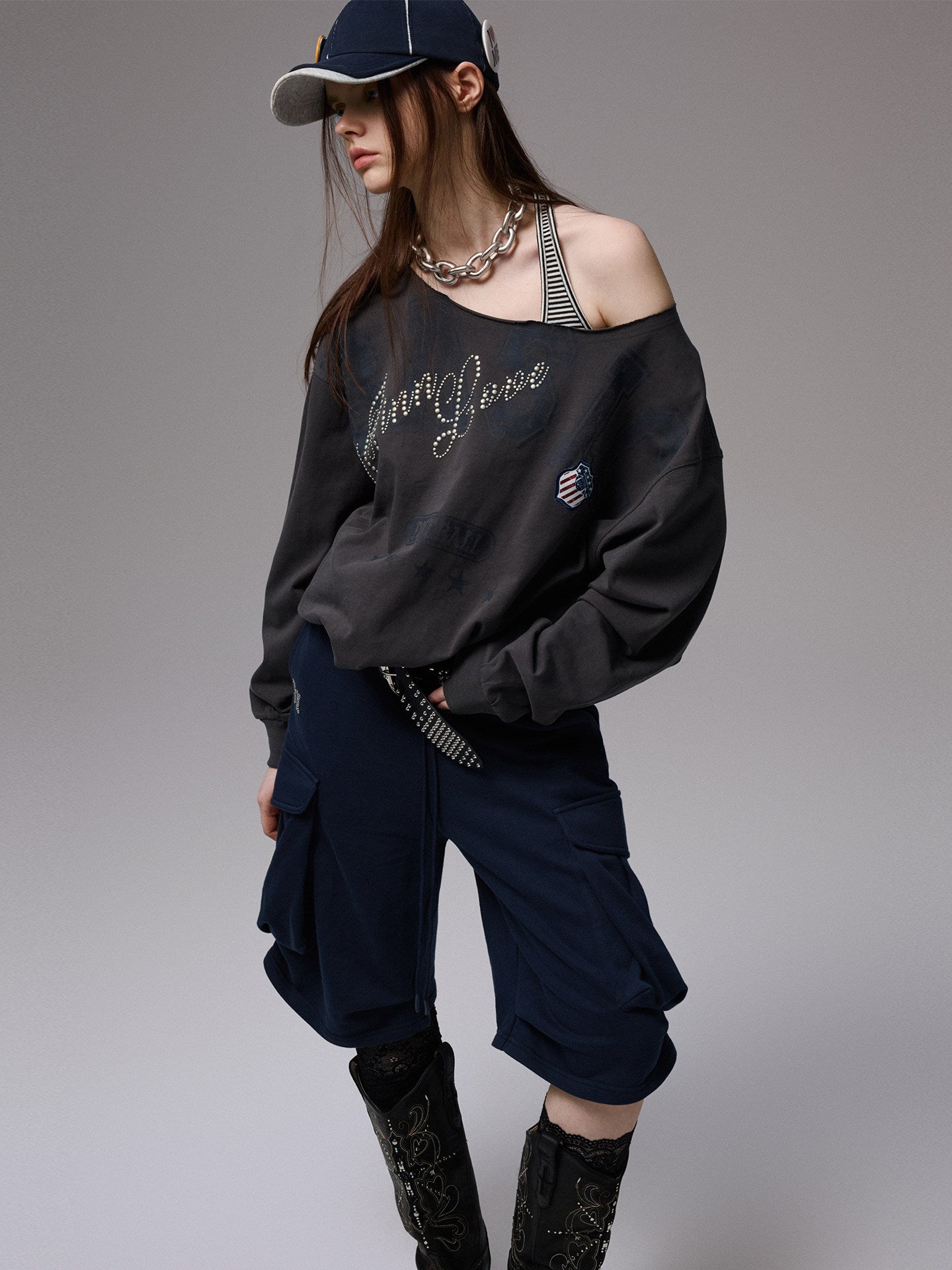 Rhinestone Letter Asymmetric Sweatshirt