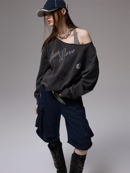 Rhinestone Letter Asymmetric Sweatshirt