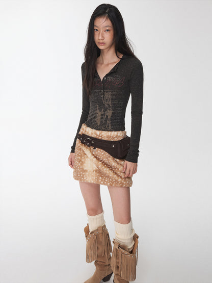 Contrast Print Henley Knit Top