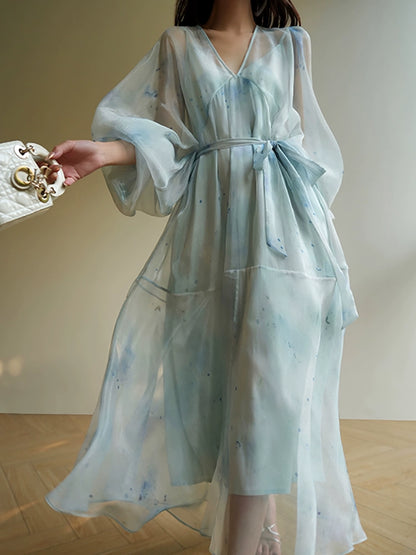 V-Neck Smudge Print Fairy Dress – Soft French Mood