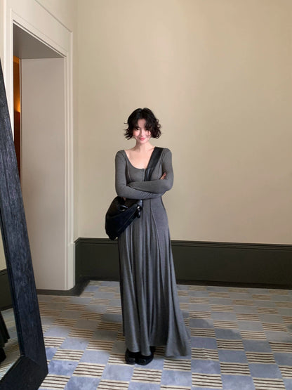 Yunshui Huai Wool-Blend Tencel U-Neck Retro Long Dress – Autumn Elegance