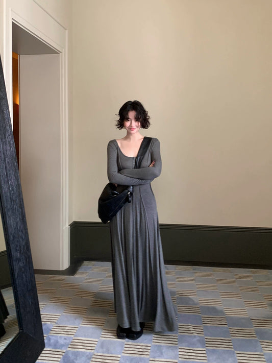 Yunshui Huai Wool-Blend Tencel U-Neck Retro Long Dress – Autumn Elegance